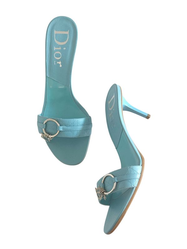 CHRISTIAN DIOR VINTAGE BLUE LEATHER CHARM MULES HEELS / IT 39