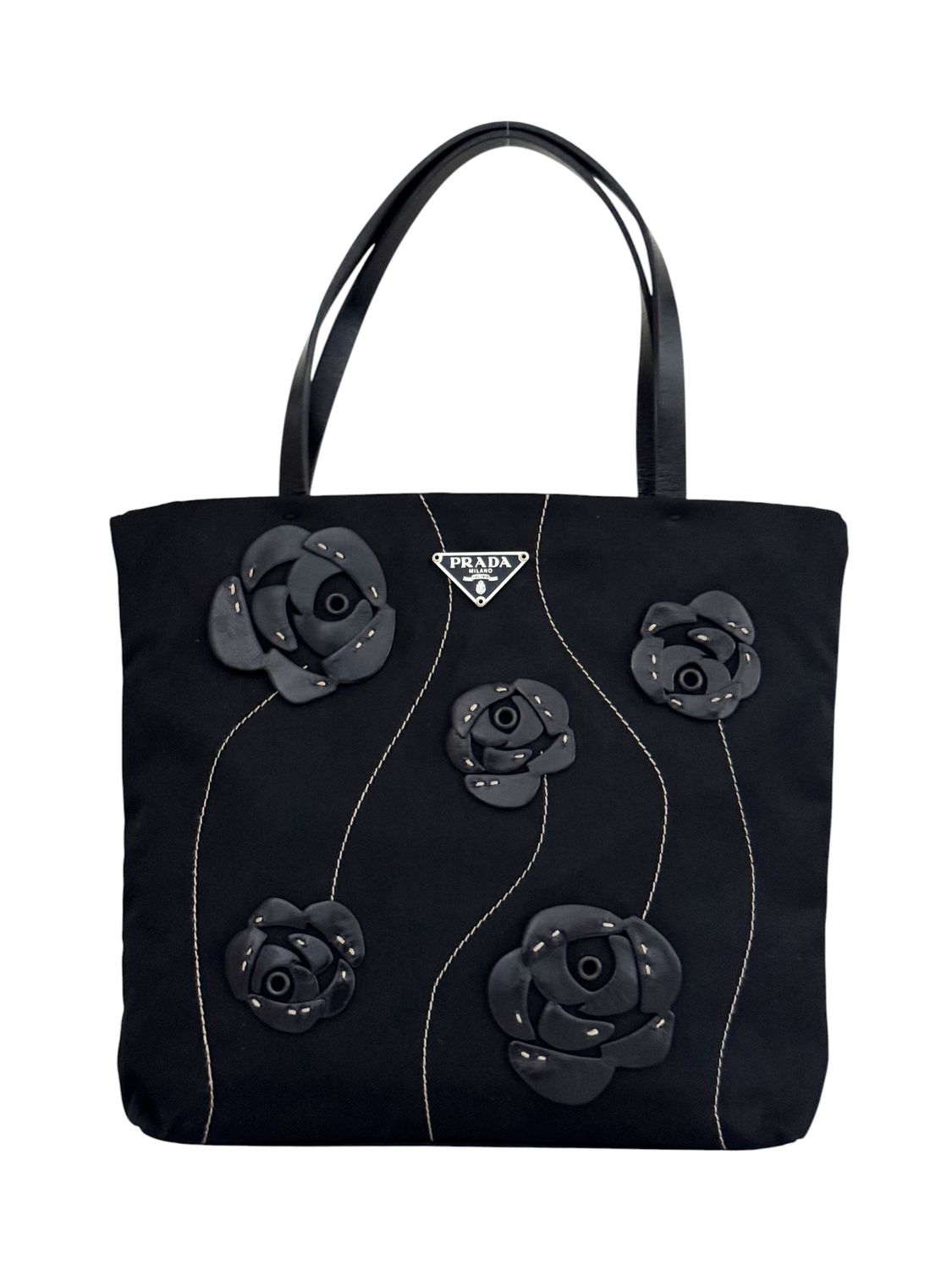 PRADA VINTAGE RARE RUNWAY Y2K FLOWER LEATHER MINI BAG WITH ENAMEL TRIANGLE