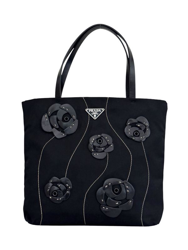 PRADA VINTAGE RARE RUNWAY Y2K FLOWER LEATHER MINI BAG WITH ENAMEL TRIANGLE