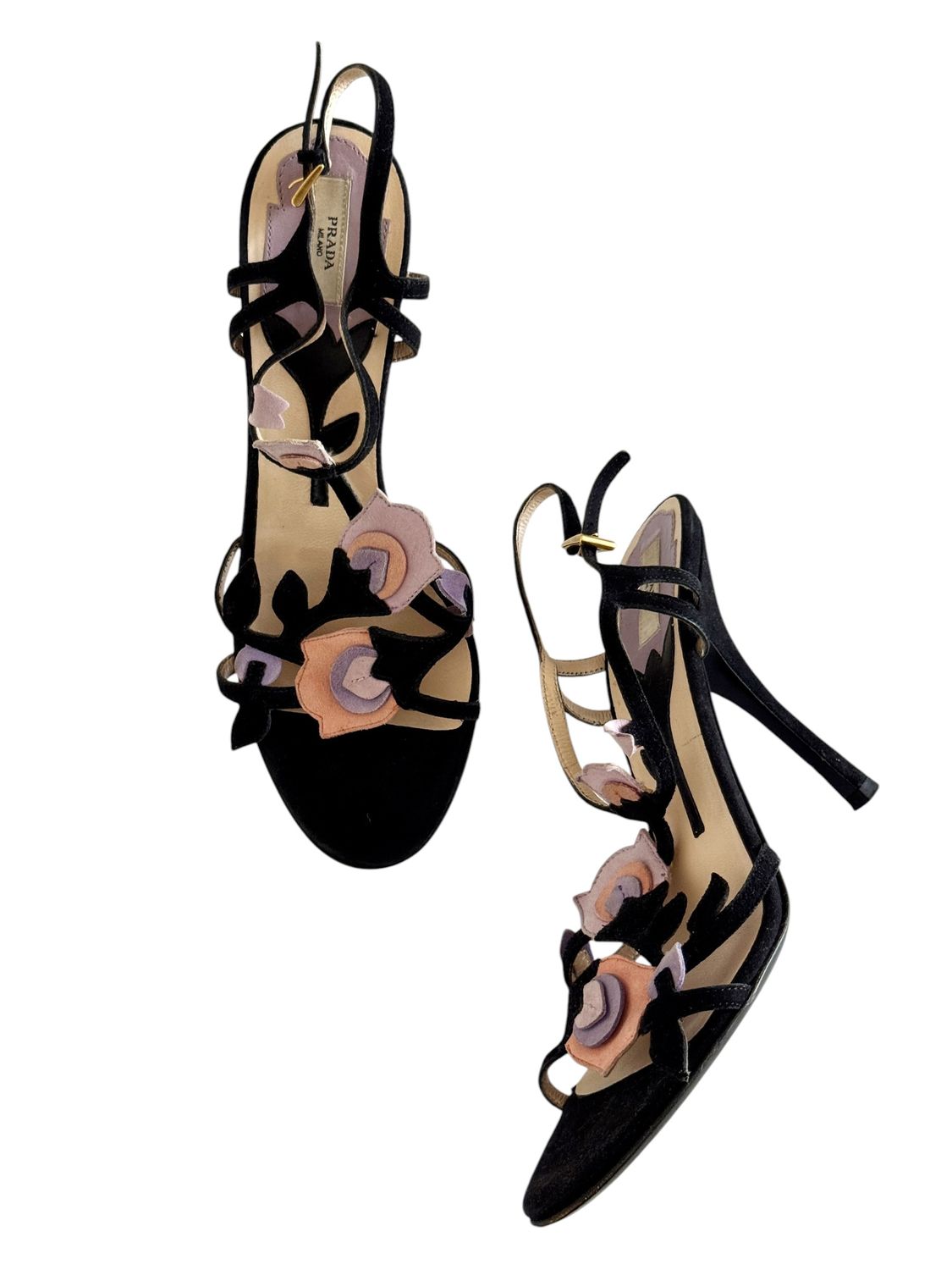 PRADA VINTAGE RUNWAY SUEDE FLORAL HEELS / IT 37