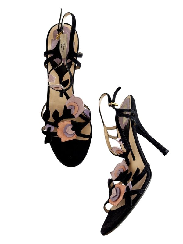 PRADA VINTAGE RUNWAY SUEDE FLORAL HEELS / IT 37