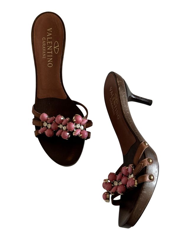 VALENTINO FLORAL CRYSTAL WOOD SLIDES HEELS / IT 37.5