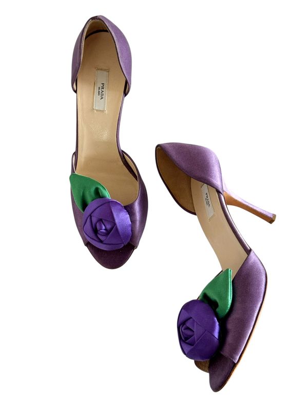 PRADA VINTAGE SATIN FLORAL HEELS / IT 37