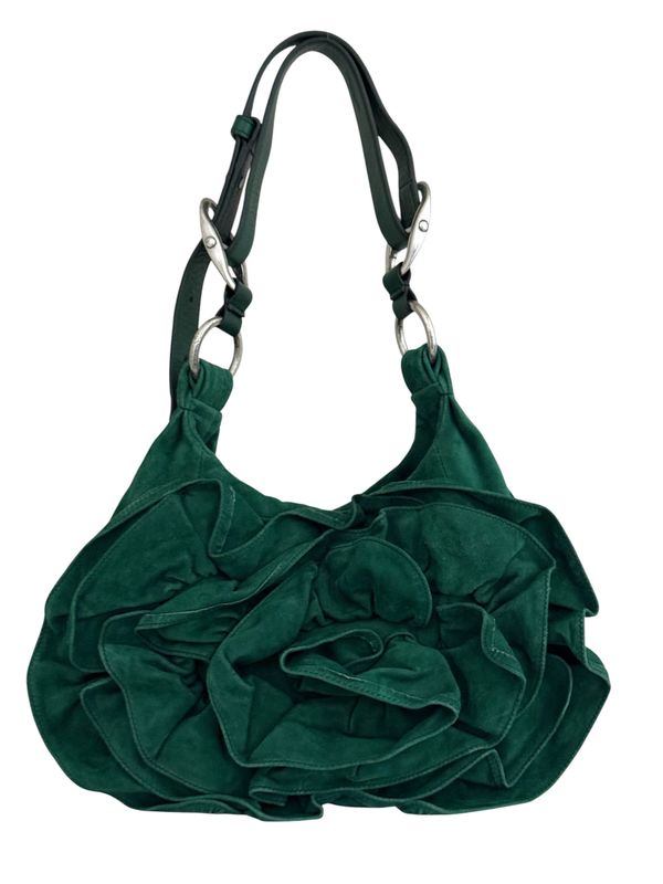 YVES SAINT LAURENT YSL VINTAGE GREEN SUEDE LEATHER ROSE FLOWER HOBO BAG