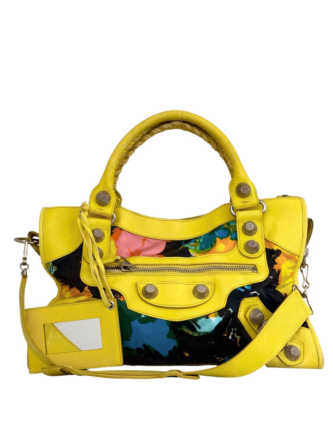 BALENCIAGA YELLOW LEATHER FLOWER PRINT CITY BAG