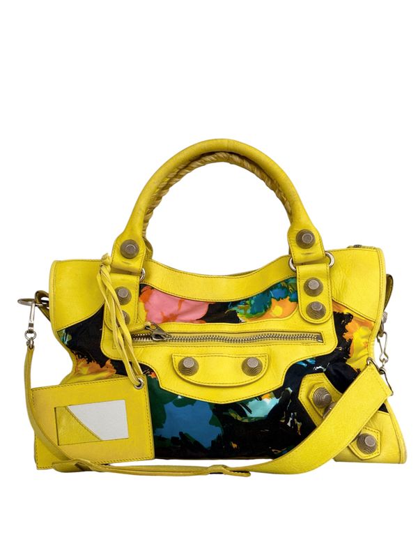 BALENCIAGA YELLOW LEATHER FLOWER PRINT CITY BAG