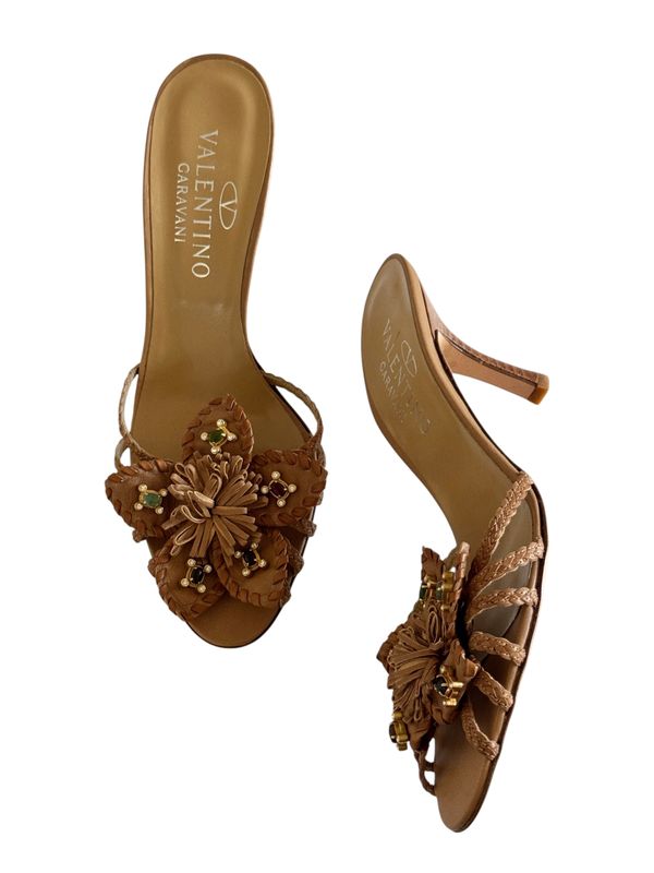 VALENTINO LEATHER FLORAL CRYSTAL SLIDES HEELS / IT 38.5