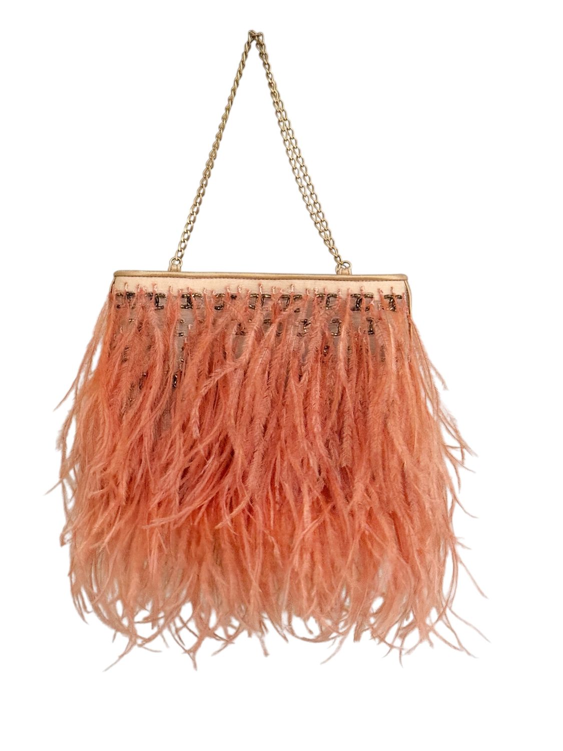 CHANEL GOLD BEADED CC LOGO CORAL SILK OSTRICH FEATHER EVENING BAG