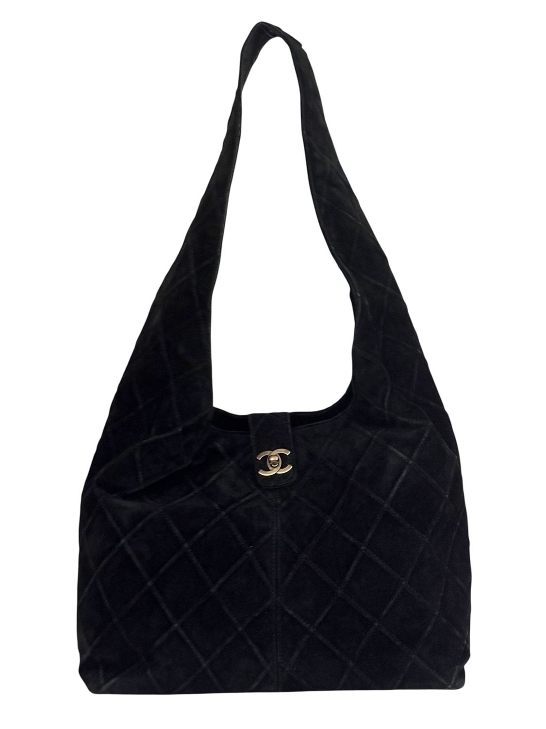 CHANEL VINTAGE BLACK SUEDE QUILTED LEATHER HOBO BAG