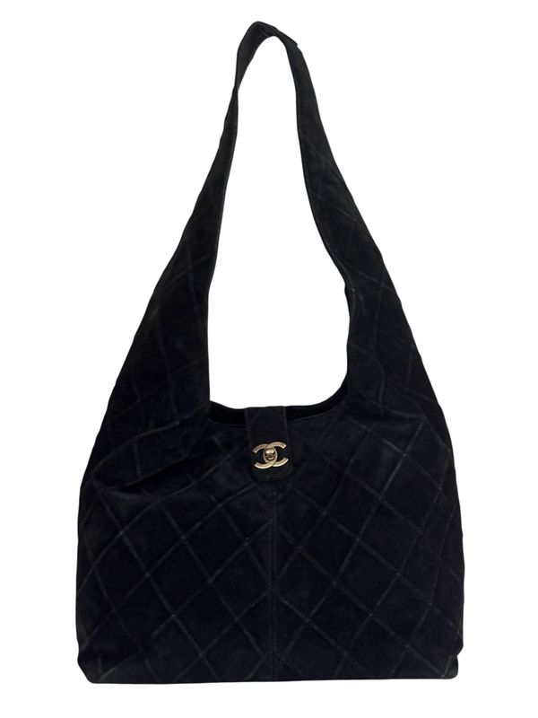 CHANEL VINTAGE BLACK SUEDE QUILTED LEATHER HOBO BAG
