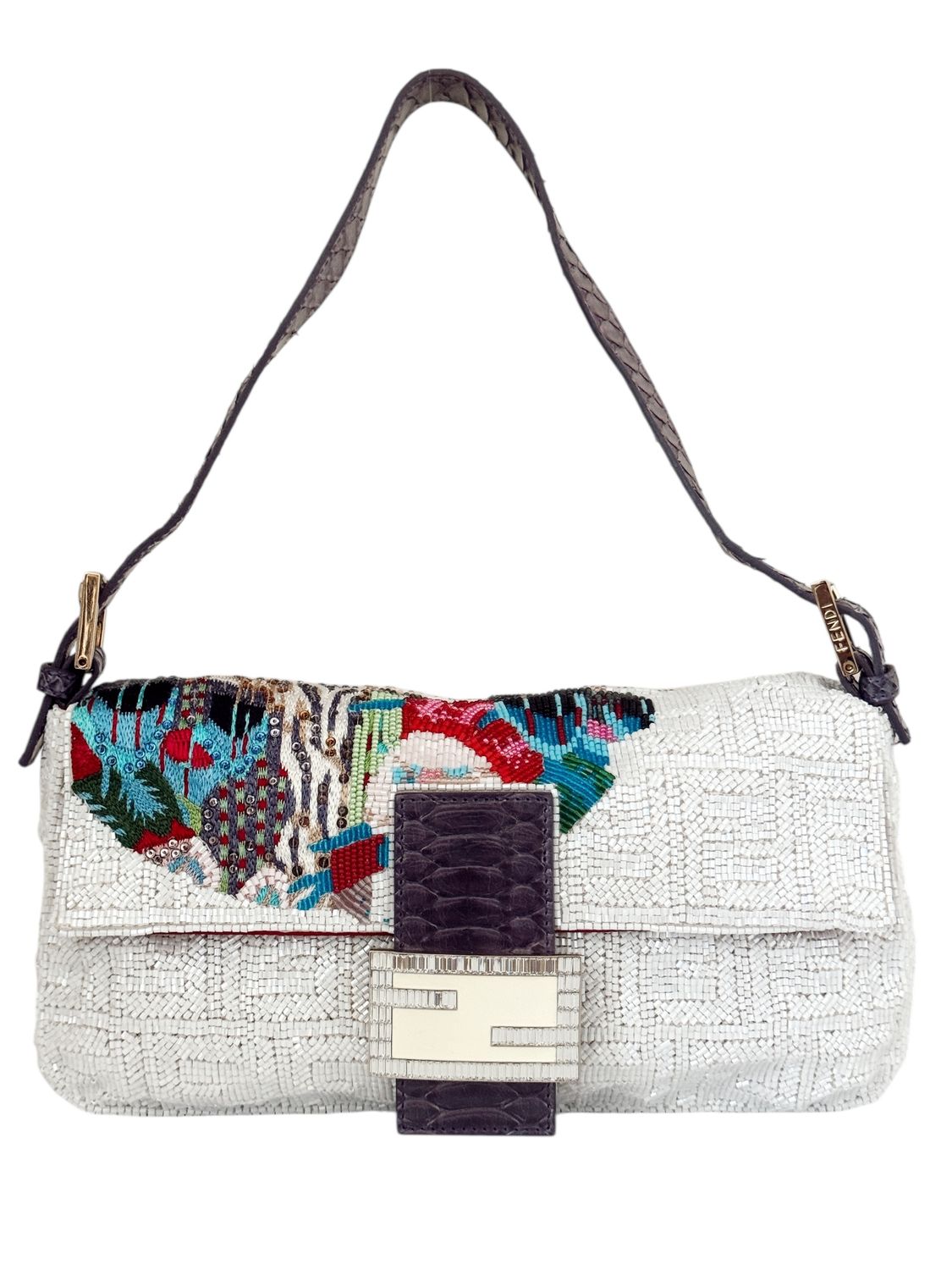 FENDI VINTAGE FF ZUCCA BEADED BAGUETTE WITH PYTHON TRIM SHOULDER BAG
