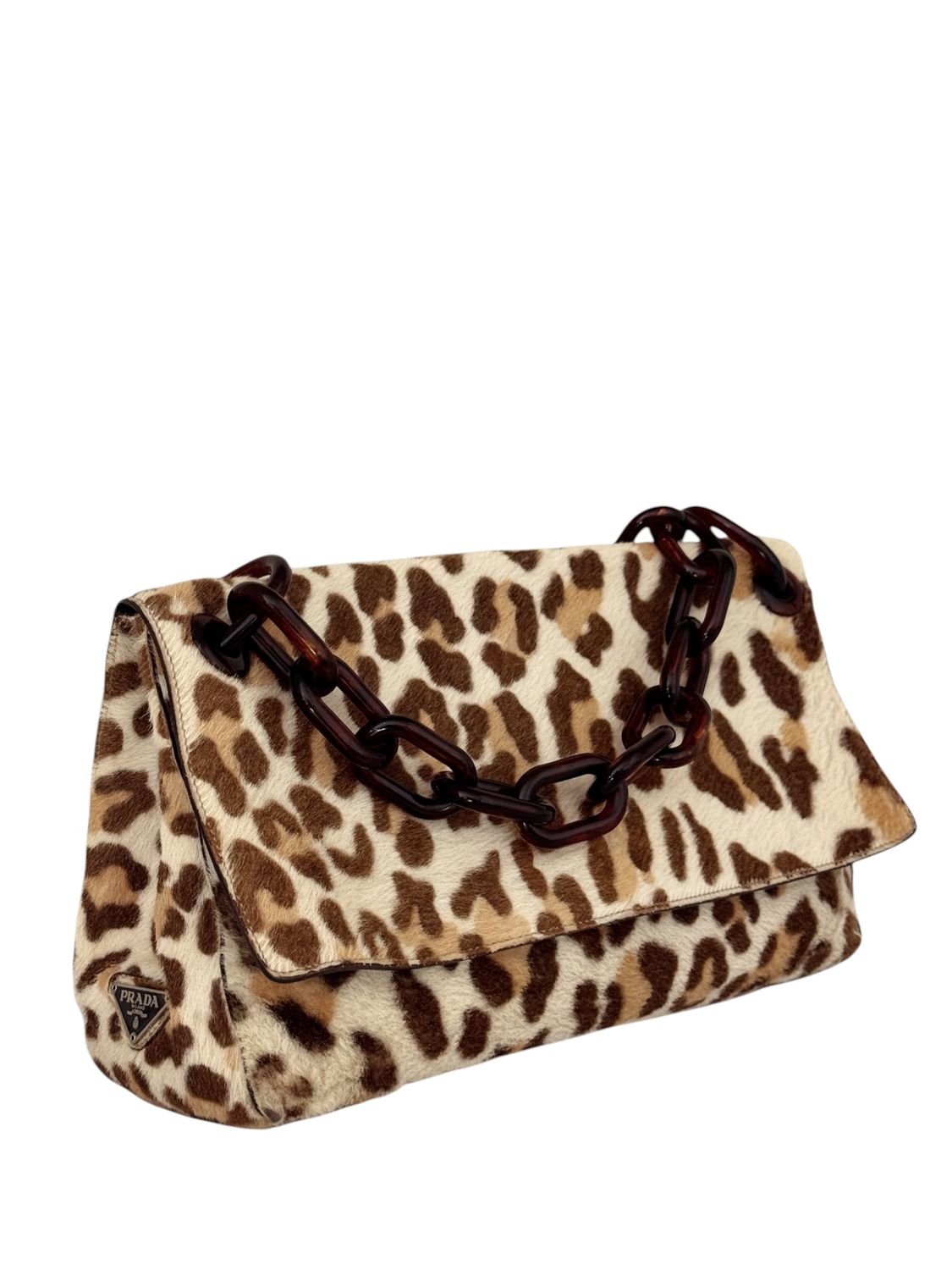 PRADA VINTAGE LEOPARD CHEETAH PRINT PONY HAIR TORTOISE CHAIN SHOULDER BAG