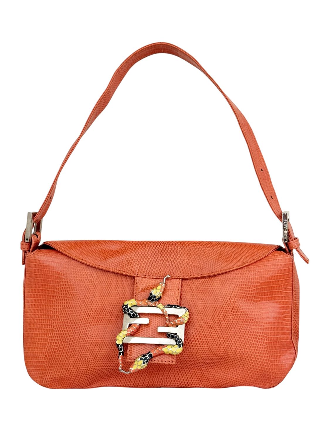 FENDI VINTAGE EARLY 2000'S ORANGE LIZARD LEATHER SERPENT BAGUETTE SHOULDER BAG