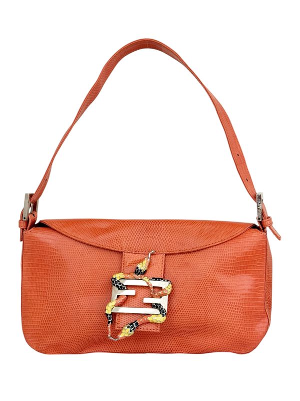 FENDI VINTAGE EARLY 2000'S ORANGE LIZARD LEATHER SERPENT BAGUETTE SHOULDER BAG
