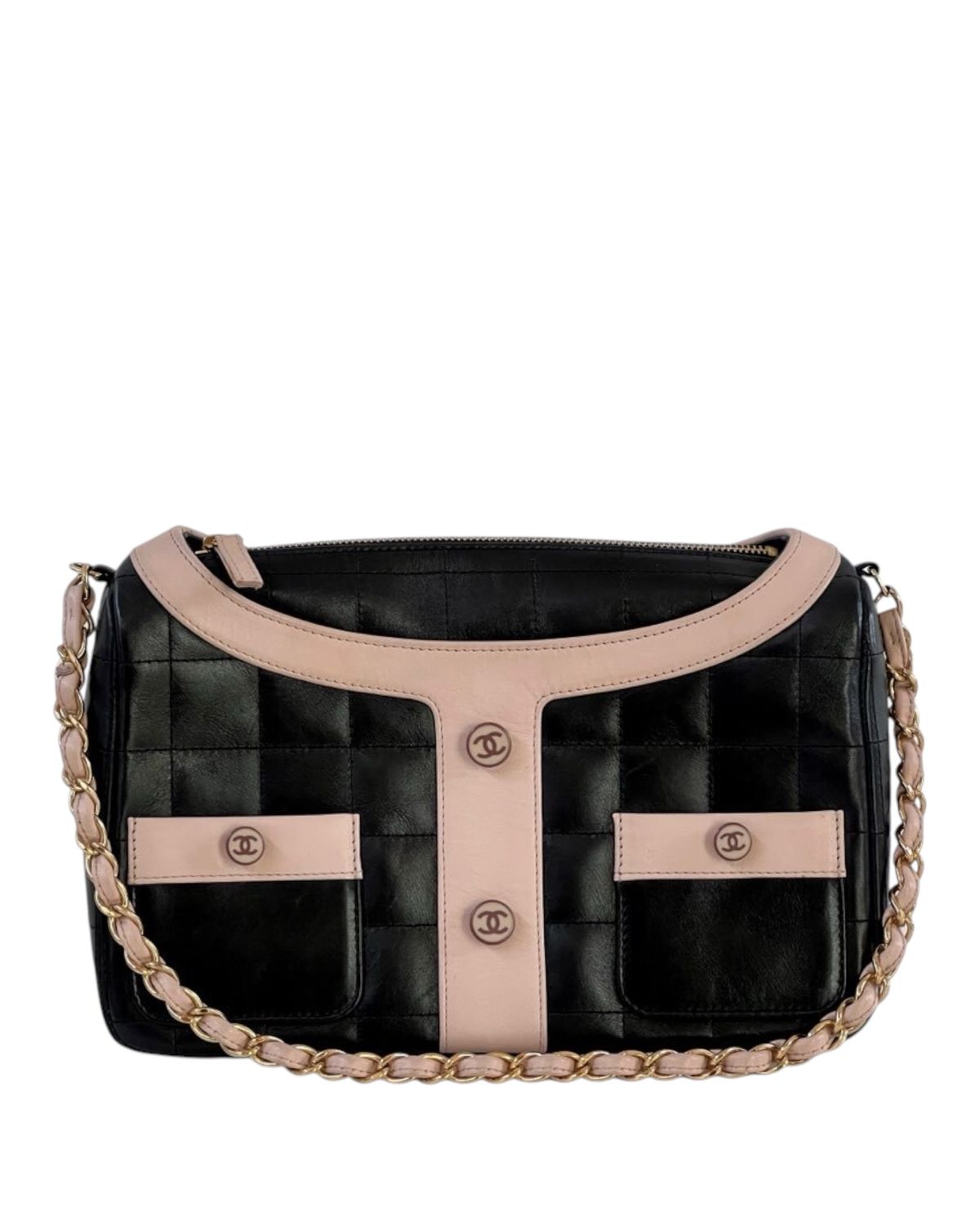 CHANEL CC BUTTON CHOCOLATE BAR QUILTED "JACKET" SHOULDER BAG - PINK BLACK