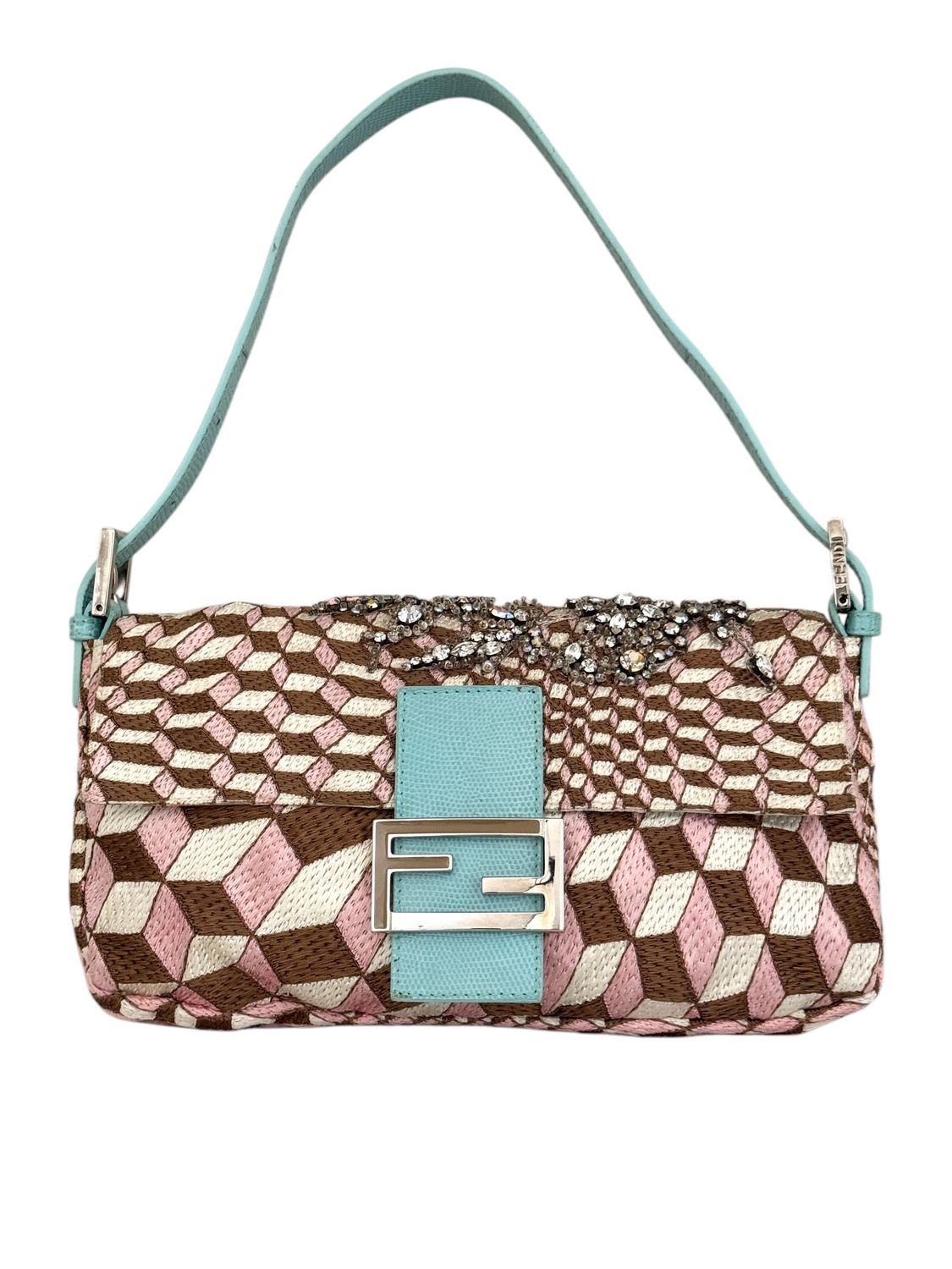 FENDI FLORAL JEWELED EMBROIDERED EXOTIC LIZARD TRIM BAGUETTE SHOULDER BAG