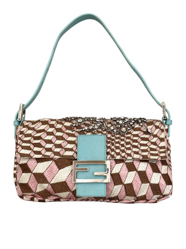 FENDI FLORAL JEWELED EMBROIDERED EXOTIC LIZARD TRIM BAGUETTE SHOULDER BAG