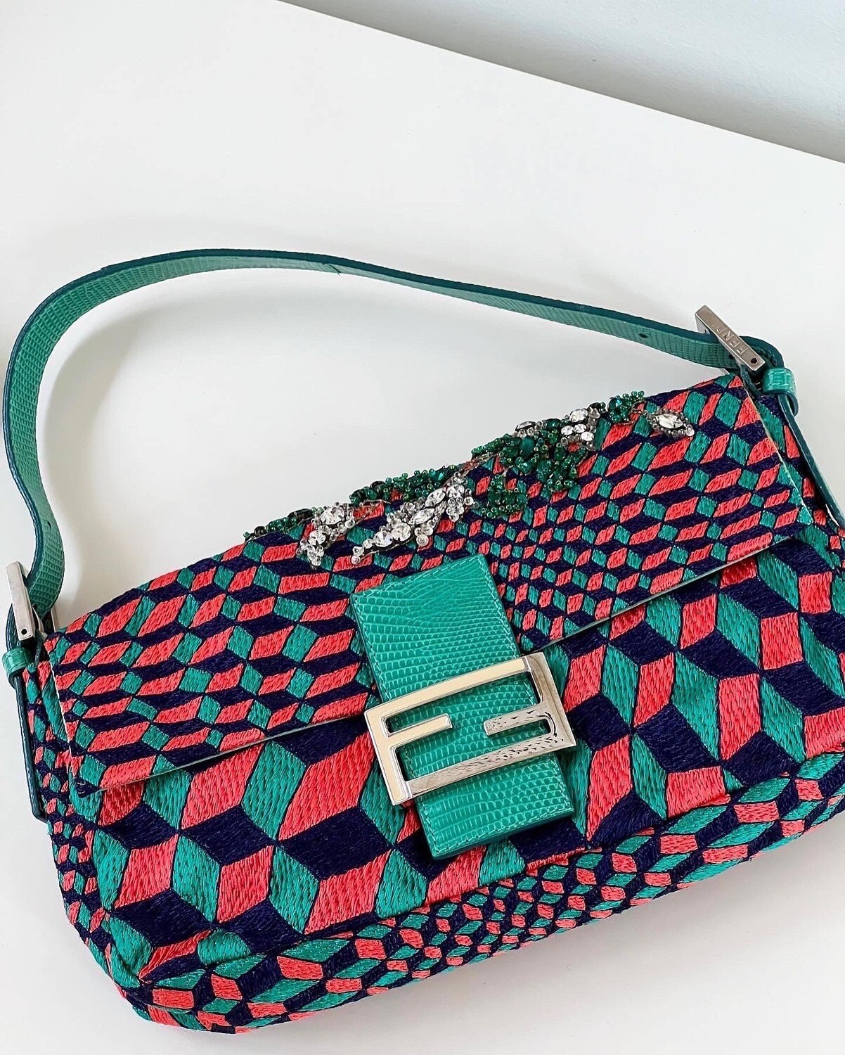 FENDI FLORAL JEWELED EMBROIDERED BAGUETTE SHOULDER BAG WITH EXOTIC TRIM