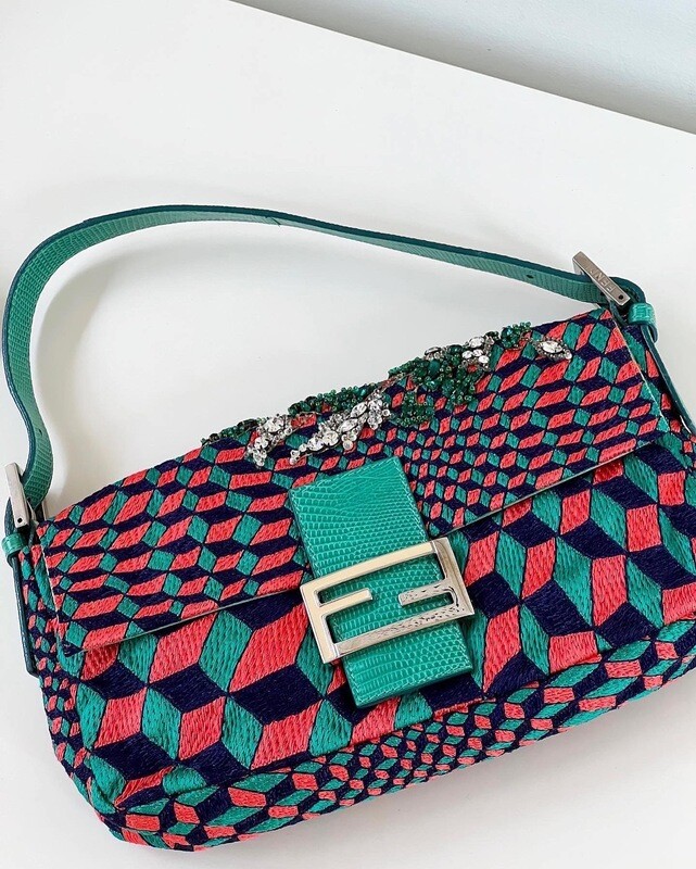 FENDI FLORAL JEWELED EMBROIDERED BAGUETTE SHOULDER BAG WITH EXOTIC TRIM
