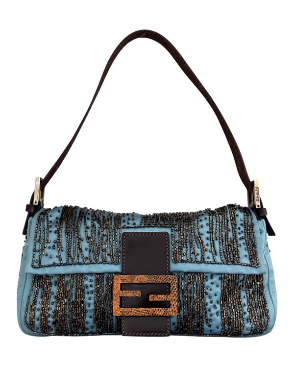 FENDI VINTAGE Y2K BLUE SATIN BEADED BAGUETTE WITH EXOTIC LEATHER DETAIL SHOULDER BAG - RARE