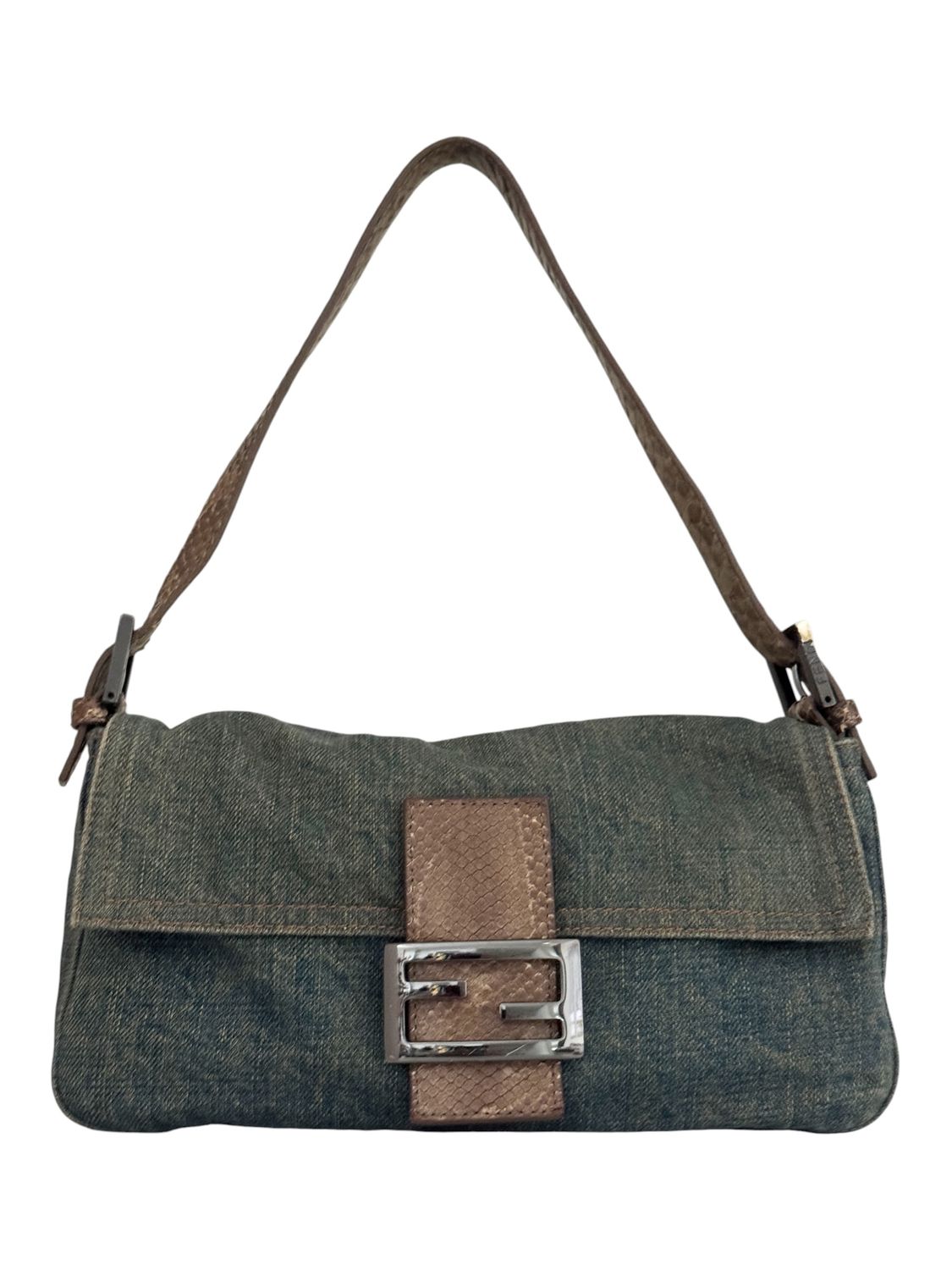 FENDI VINTAGE DENIM SNAKESKIN BAGUETTE SHOULDER BAG