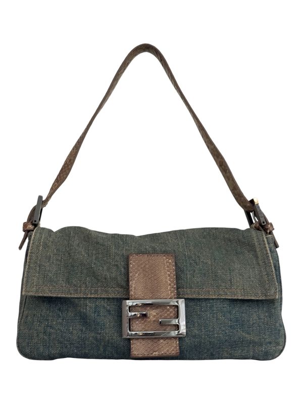 FENDI VINTAGE DENIM SNAKESKIN BAGUETTE SHOULDER BAG