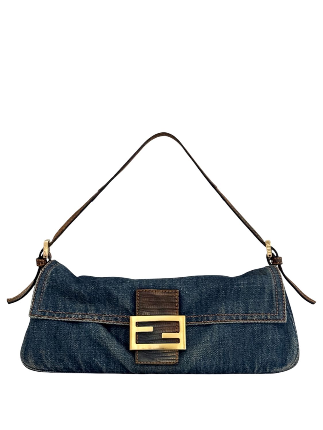 FENDI VINTAGE DENIM LIZARD BAGUETTE SHOULDER BAG