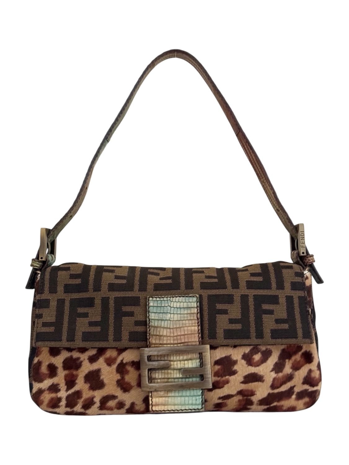 FENDI ZUCCA CHEETAH PRINT PONY HAIR AND LIZARD TRIM BAGUETTE BAG