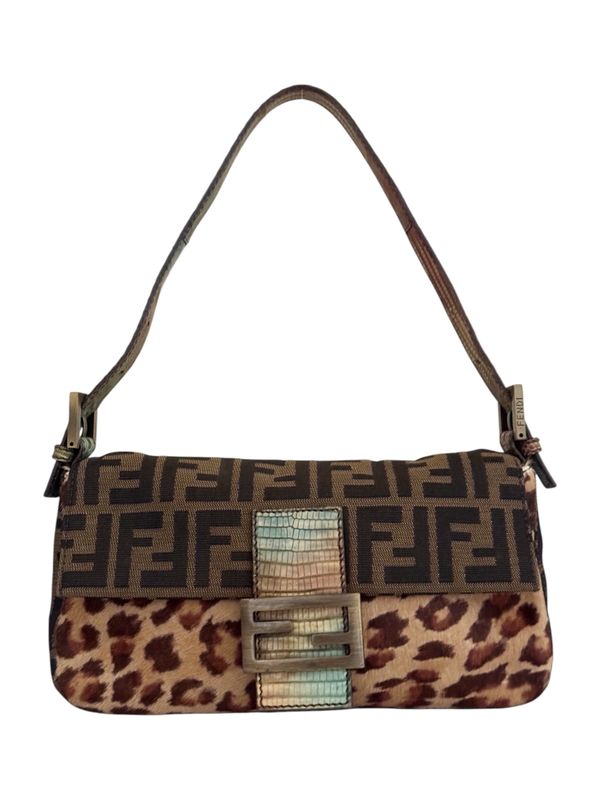 FENDI VINTAGE ZUCCA CHEETAH PRINT PONY HAIR AND LIZARD TRIM BAGUETTE SHOULDER BAG