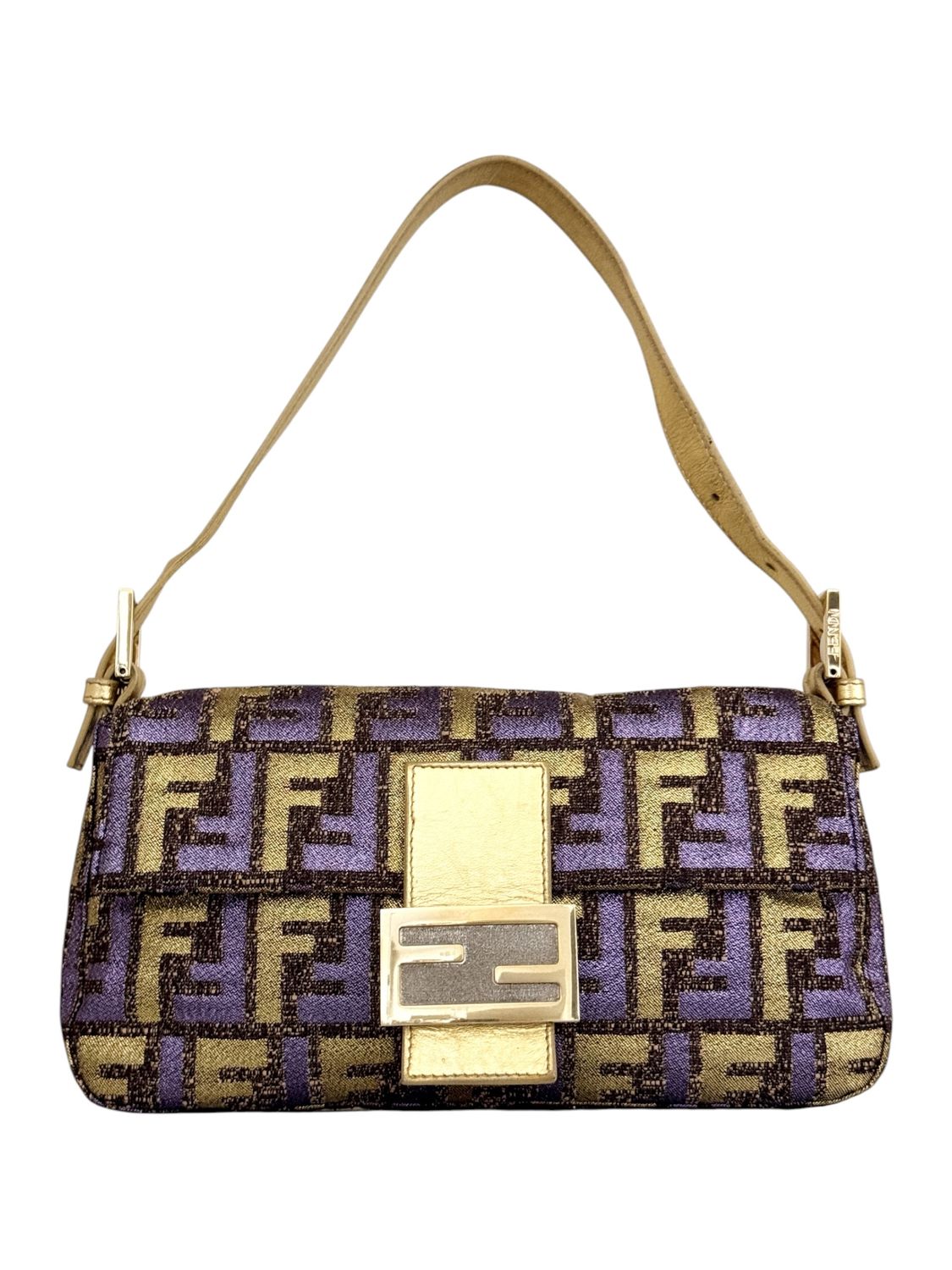 FENDI FF PURPLE GOLD METALLIC ZUCCA BAGUETTE BAG