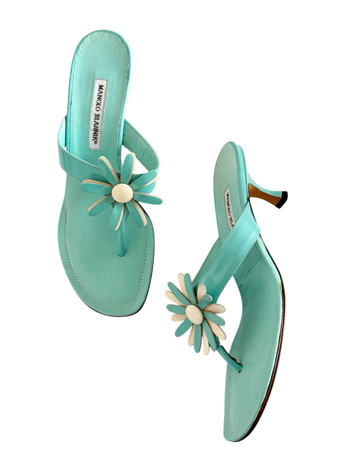 MANOLO BLAHNIK DAISY FLORAL SLIDES THONG HEELS / IT 40