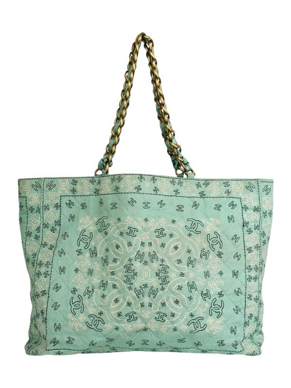 CHANEL VINTAGE TEAL CC BANDANA PRINT XL TOTE BEACH BAG