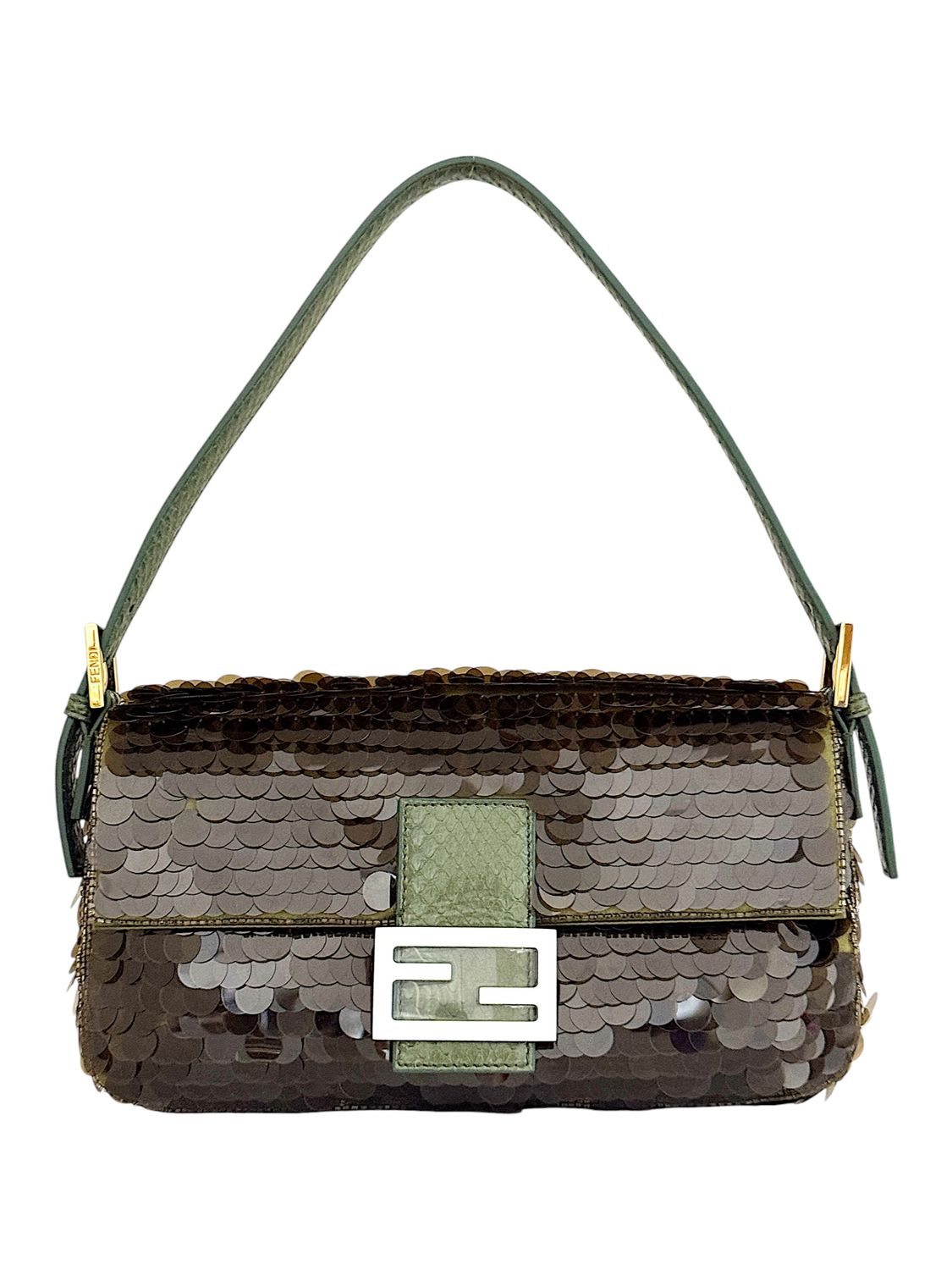 FENDI 1997 RE-EDITION OLIVE GREEN SEQUIN W PYTHON BAGUETTE BAG