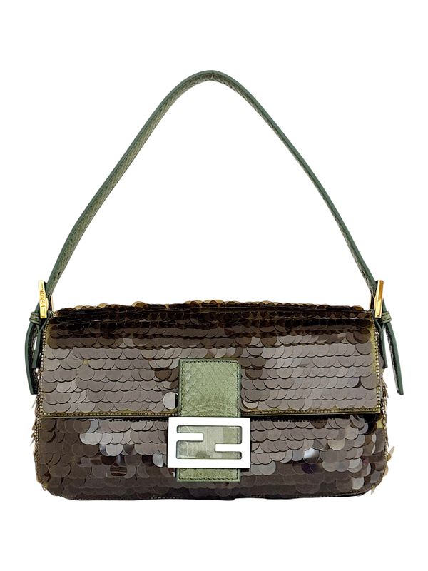 FENDI 1997 RE-EDITION OLIVE GREEN SEQUIN W PYTHON BAGUETTE BAG