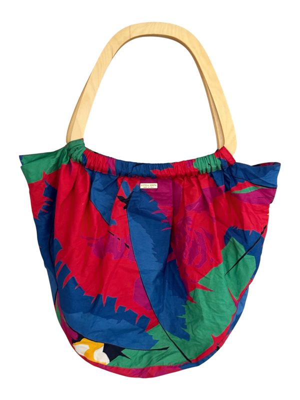 BOTTEGA VENETA VINTAGE XL WOOD HANDLE HAWAIIAN PRINT BEACH TOTE