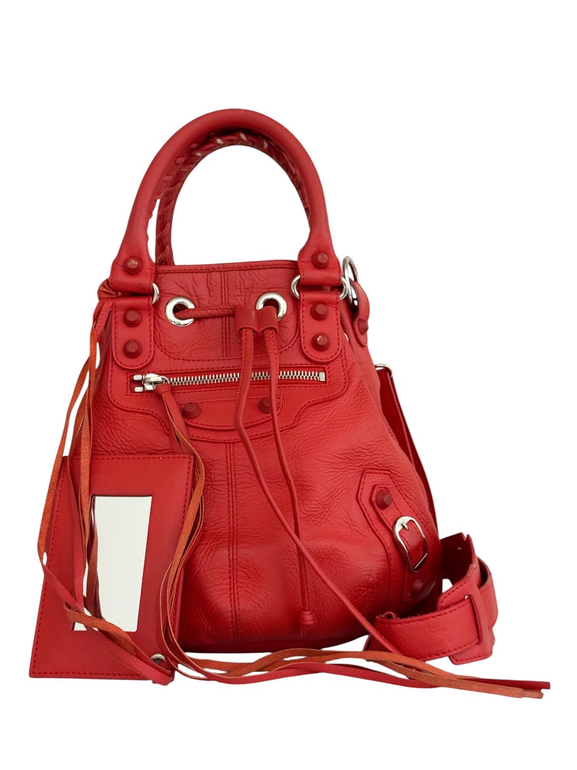 BALENCIAGA RED LEATHER POPPY MINI POMPON BAG