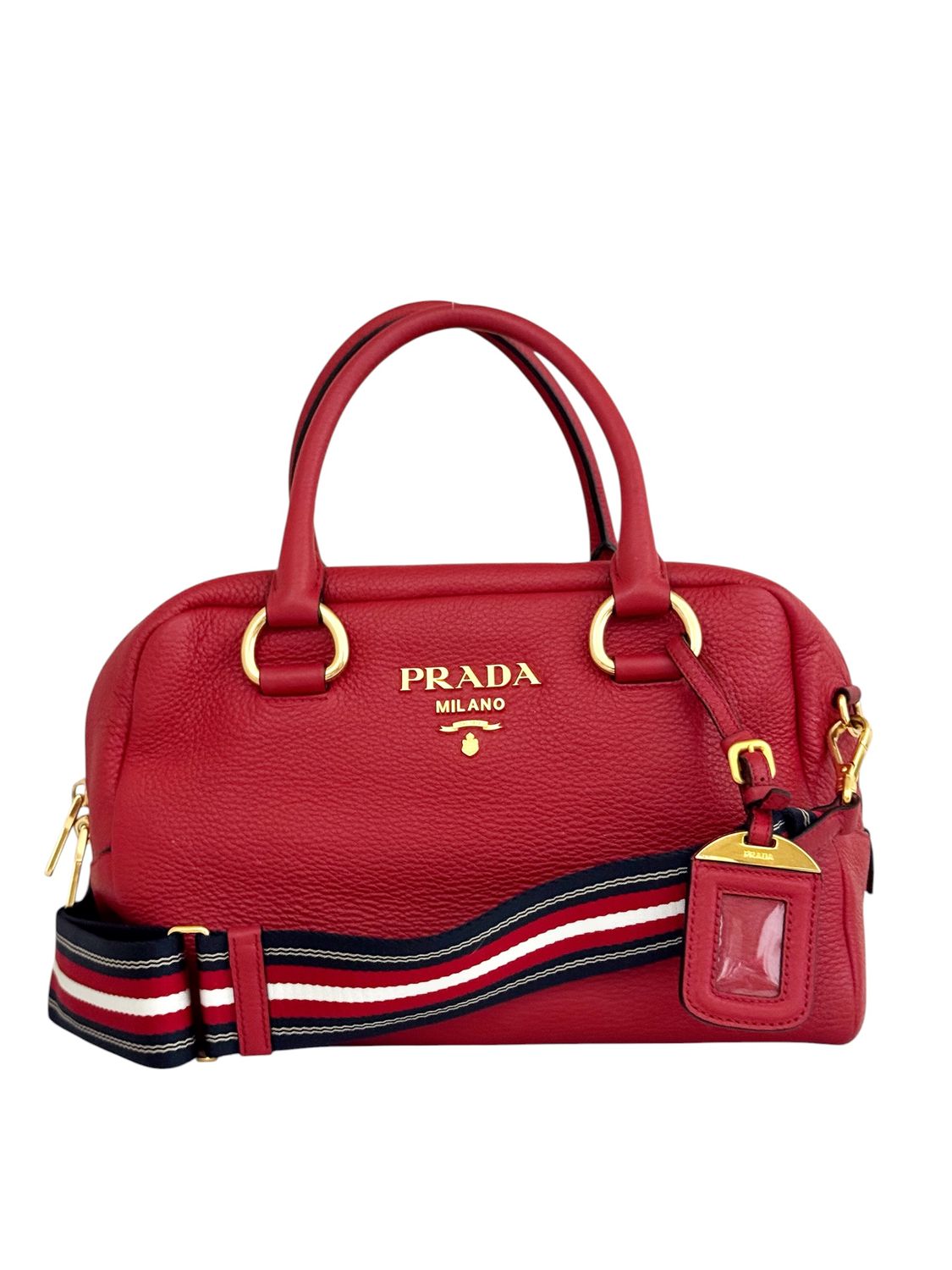 PRADA RED LEATHER 2 WAY BAG WITH STRIPE CROSSBODY