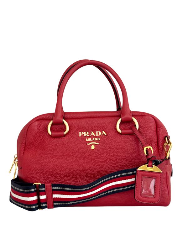 PRADA RED LEATHER 2 WAY BAG WITH STRIPE CROSSBODY