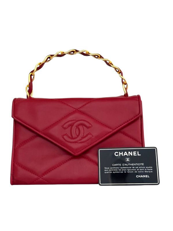 CHANEL 90'S RARE RED LEATHER METAL BRAIDED TOP HANDLE BAG