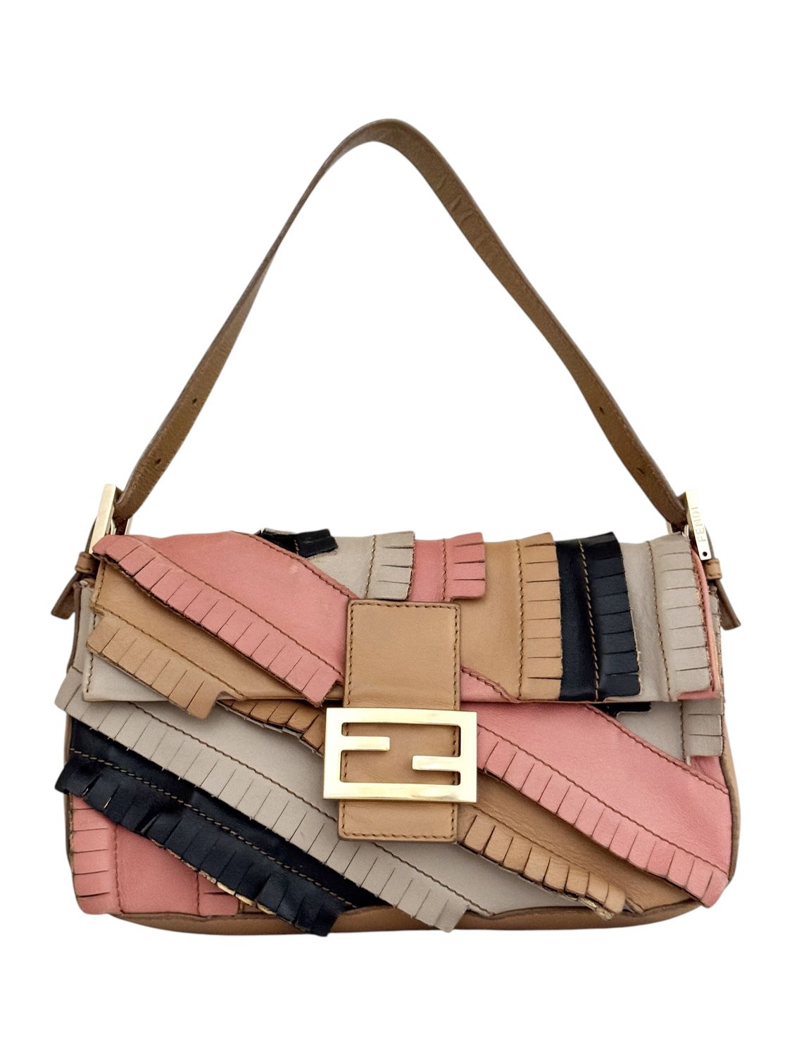 FENDI PATCHWORK FRINGE LEATHER BOHO BAGUETTE BAG