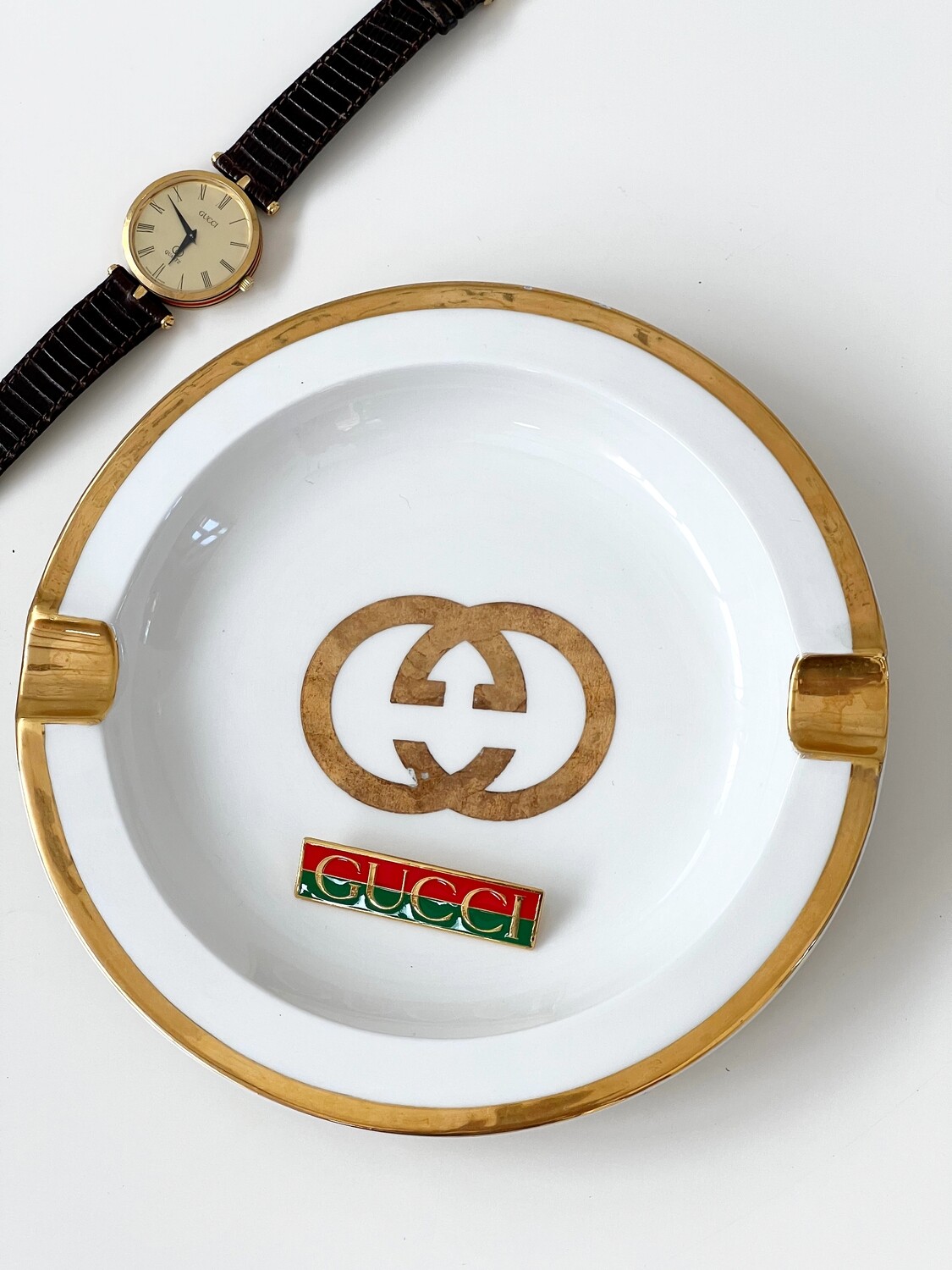 GUCCI ITALY PORCELAIN GG MONOGRAM ASHTRAY / TRINKET TRAY