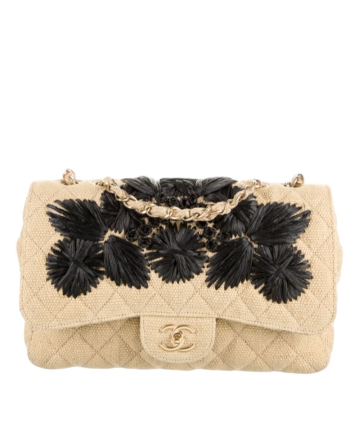 CHANEL COCO COUNTRY QUILTED CANVAS AND RAFFIA FLORAL SHOULDER BAG - COLLECTORS ITEM