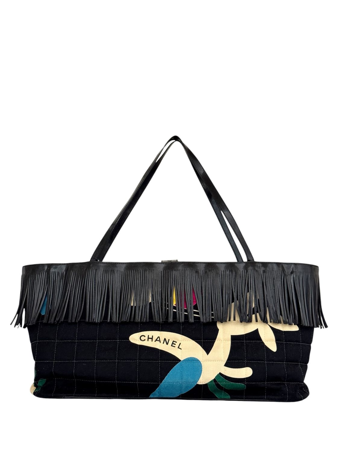 CHANEL EARLY 2000'S QUILTED PRINT WITH FRINGE DETAIL TOP HANDLE BAG