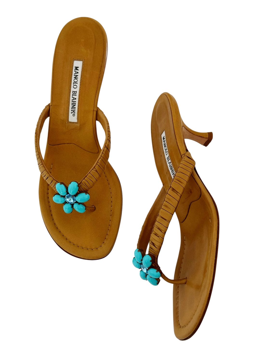 MANOLO BLAHNIK FLORAL BLUE STONE SLIDES THONG HEELS