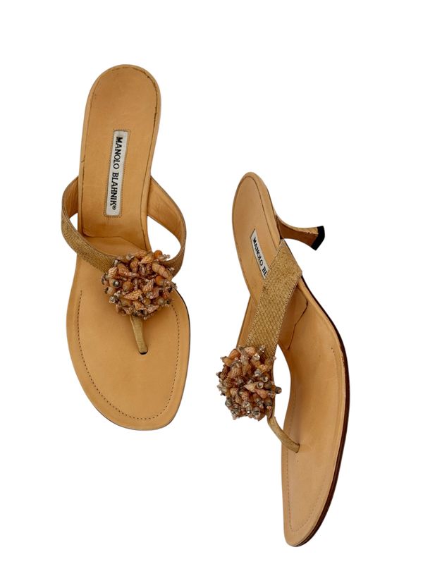 MANOLO BLAHNIK SEA SHELL / LIZARD SLIDES THONG HEELS