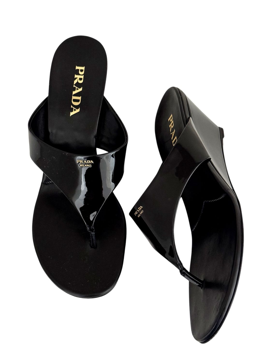 PRADA BLACK PATENT LEATHER THONG WEDGES