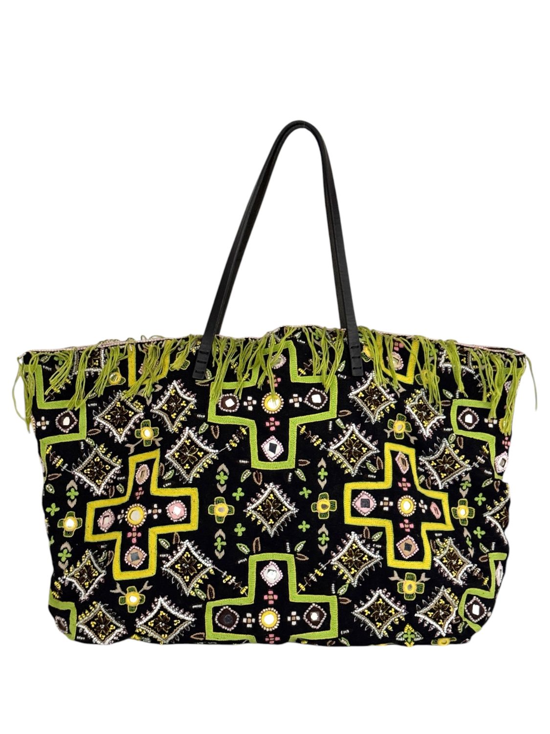 FENDI EMBROIDERED MIRROR BEADED TOTE WITH FRINGE TRIM