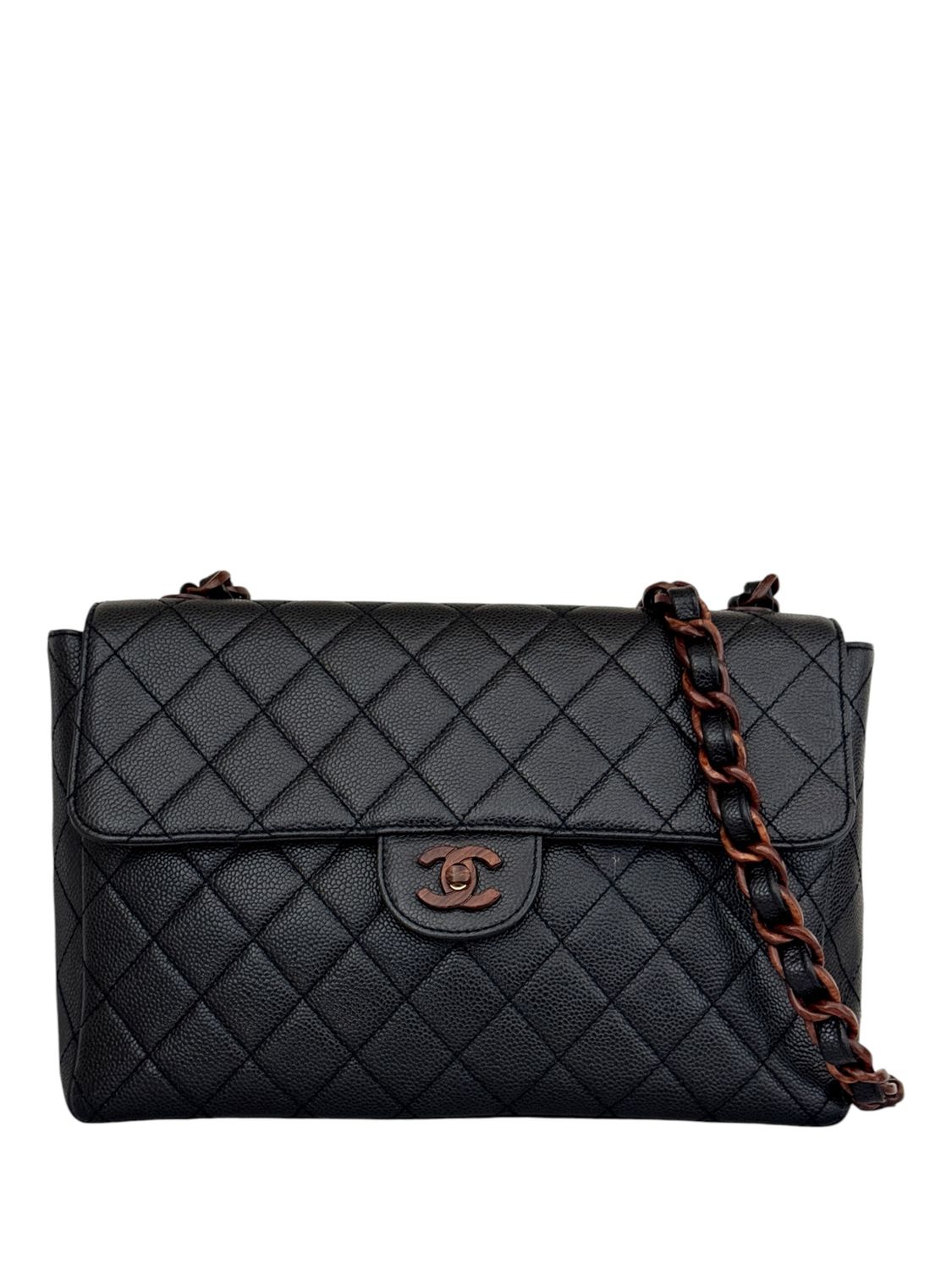 CHANEL VINTAGE CAVIAR LEATHER WOOD CHAIN DETAIL CLASSIC MAXI FLAP