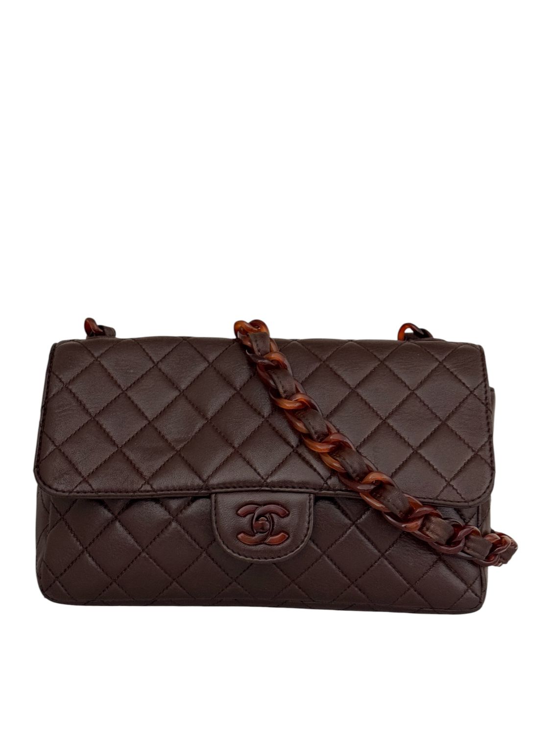 CHANEL VINTAGE BROWN QUILTED LEATHER CLASSIC MEDIUM FLAP WITH TORTOISE DETAILS