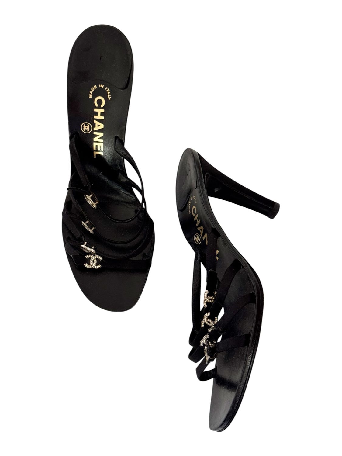 CHANEL VINTAGE RHINESTONE CC STRAP SLIDES HEELS